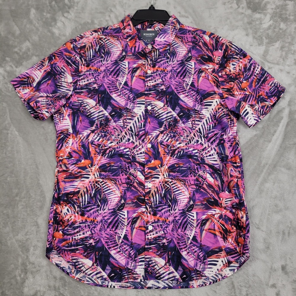 Bonobos Slim Fit Mens Large Short Sleeve Purple Red Floral ButtonUp Shirt Cotton